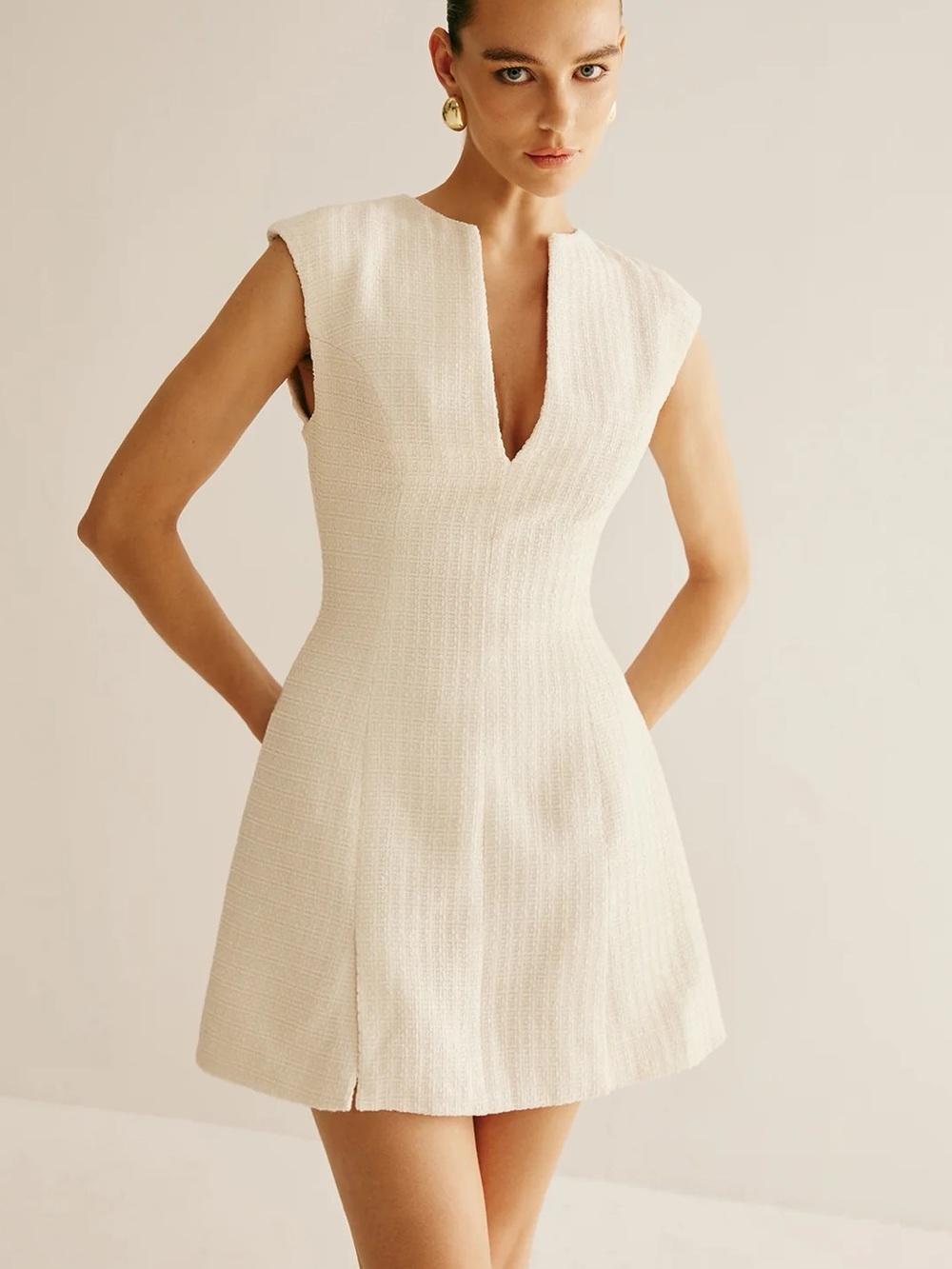 Commense Piping Zipper Tweed Mini Dress Ivory White XS